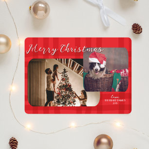 Modern Christmas Card   Red Plaid Double-Photo