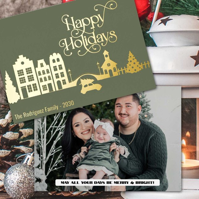 Modern Christmas City Happy Holidays Foil Holiday Card (Real pressed gold foil will be used to make this personalized Christmas card just for you.)