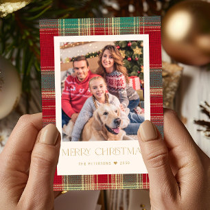 Modern Christmas classic red green plaid photo Holiday Card
