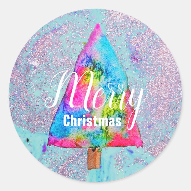 Modern Christmas colourful blue and pink glitter Classic Round Sticker (Front)