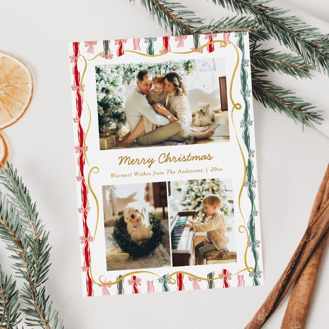 Modern Christmas Coquette Bow Pattern 3 Photo Holiday Card (Creator Uploaded)