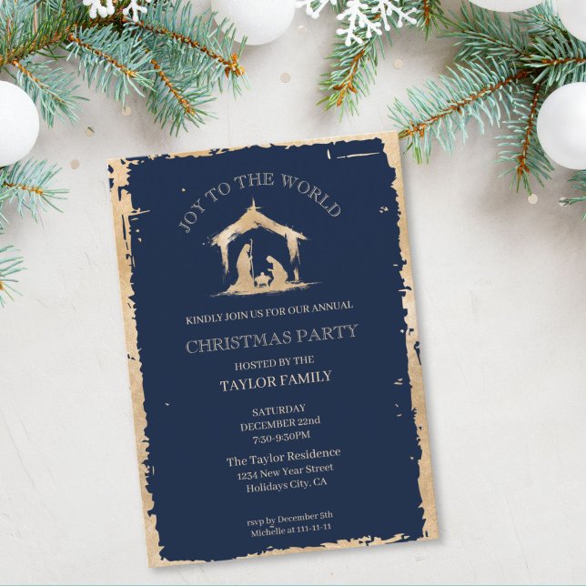 Modern Christmas Dinner Party Religious Nativity Holiday Card (modern artistic christmas religious gold nativity scene on the navy blue background)