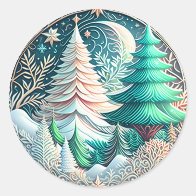  Modern Christmas Elegant Trees Illustration Classic Round Sticker (Front)