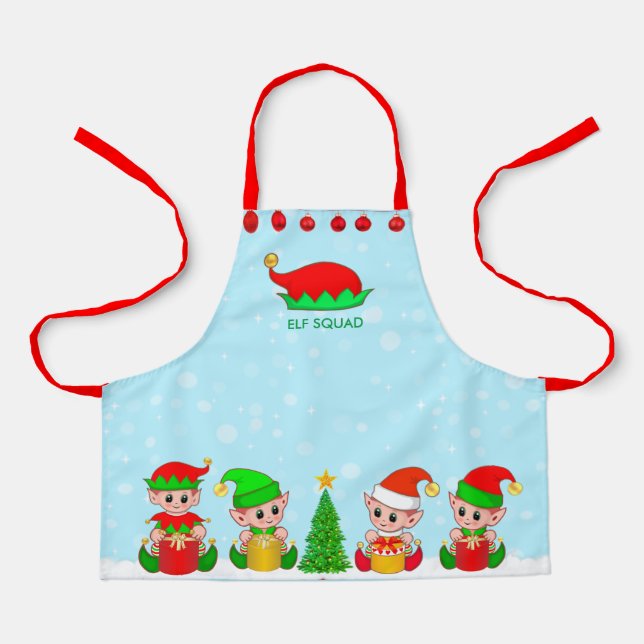 Modern Christmas Elf Squad on Light Blue Apron (Front)