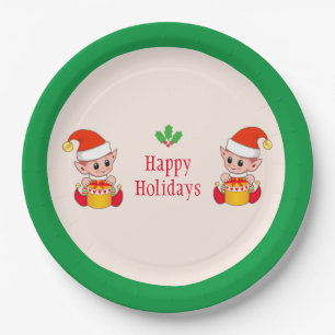 Modern Christmas elves on green and ivory Paper Plate
