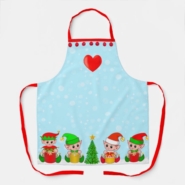 Modern Christmas Elves on Light Blue Apron (Front)