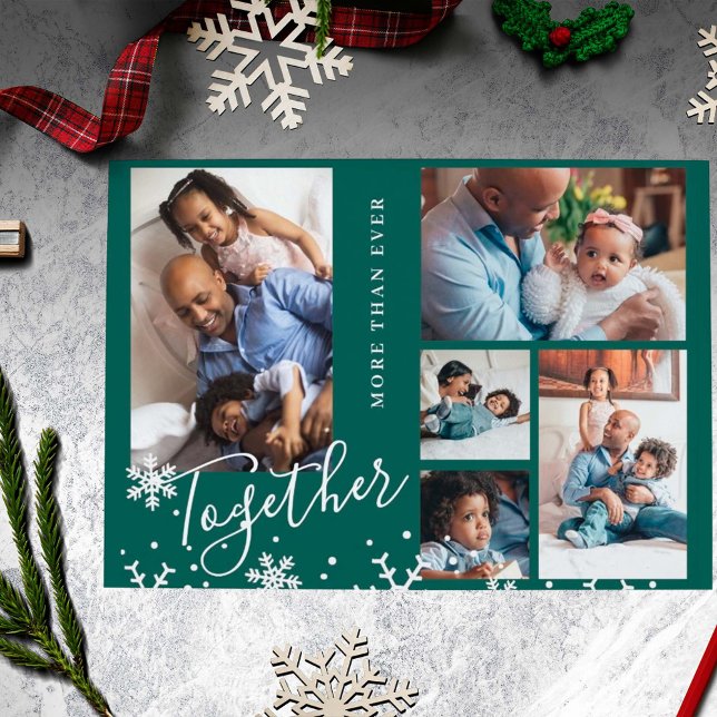 Modern Christmas family 5 photo collage greetings  Holiday Postcard (Creator Uploaded)