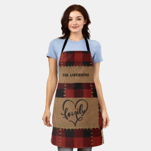 Modern Christmas Family Name Red Buffalo Plaid  Apron