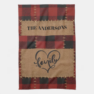 Modern Christmas Family Name Red Buffalo Plaid Kitchen Towel