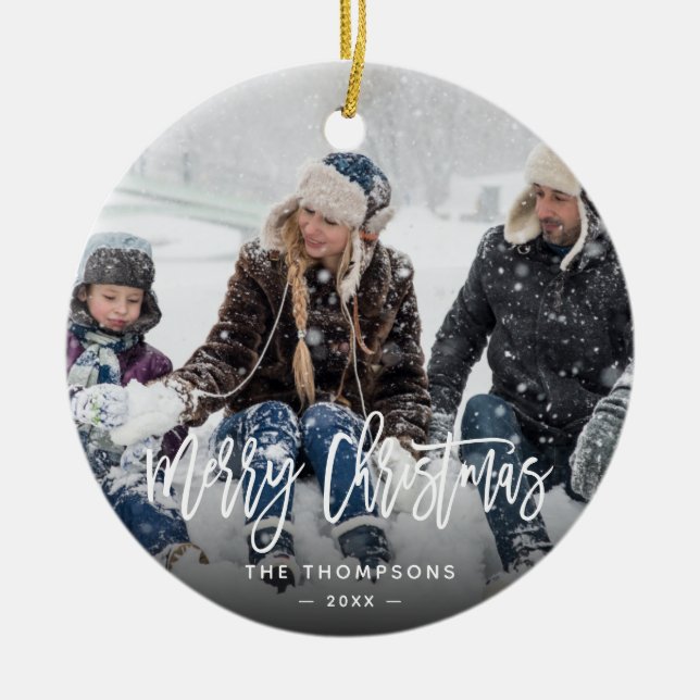 Modern Christmas Family Photo Hand Lettered Ceramic Ornament (Front)