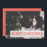 Modern Christmas | Family Photo Stylish Red Holiday Card<br><div class="desc">Beautiful photograph holiday card with a simple, modern, minimalist “Merry Christmas” quote banner in a fun festive red coral text on a semi-transparent overlay background. This versatile card can be personalized with your own photograph, family name and year to make a truly unique and bespoke card for the festive season....</div>