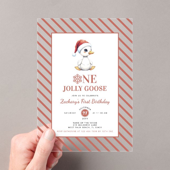 Modern Christmas First Birthday One Jolly Goose Acrylic Invitations (Insitu (Handheld))