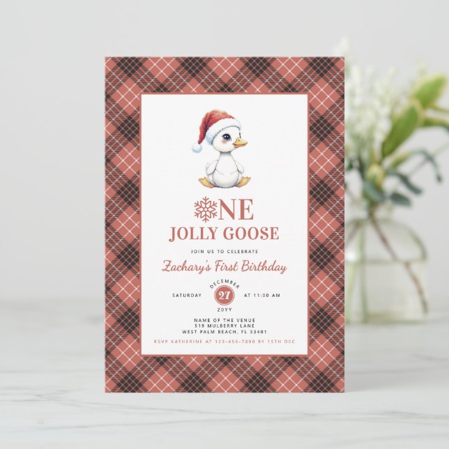 Modern Christmas First Birthday One Jolly Goose Invitation (Standing Front)