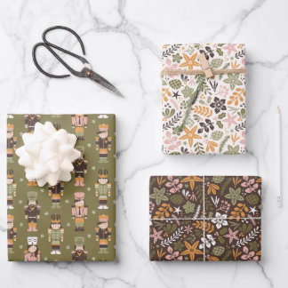 Modern Christmas floral and nutcrackers Wrapping Paper Sheet