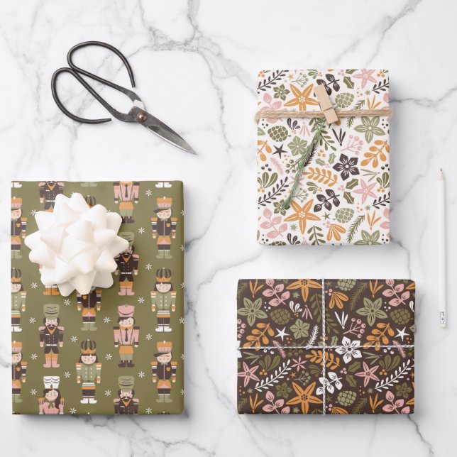 Modern Christmas floral and nutcrackers Wrapping Paper Sheet (Front)