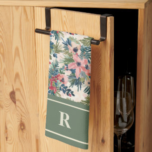 Modern Christmas Floral Monogram Kitchen Towel