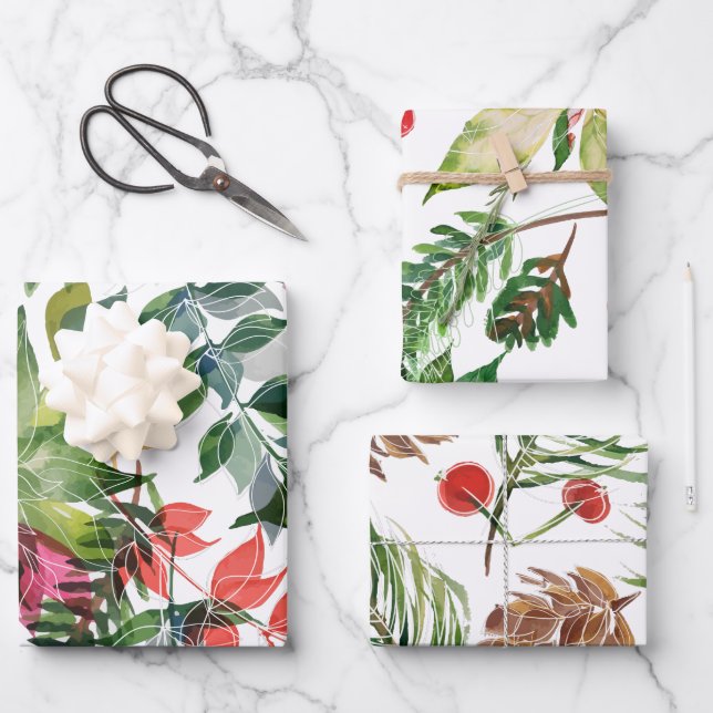 Modern Christmas Florals Greenery Wrapping Paper Sheet (Front)