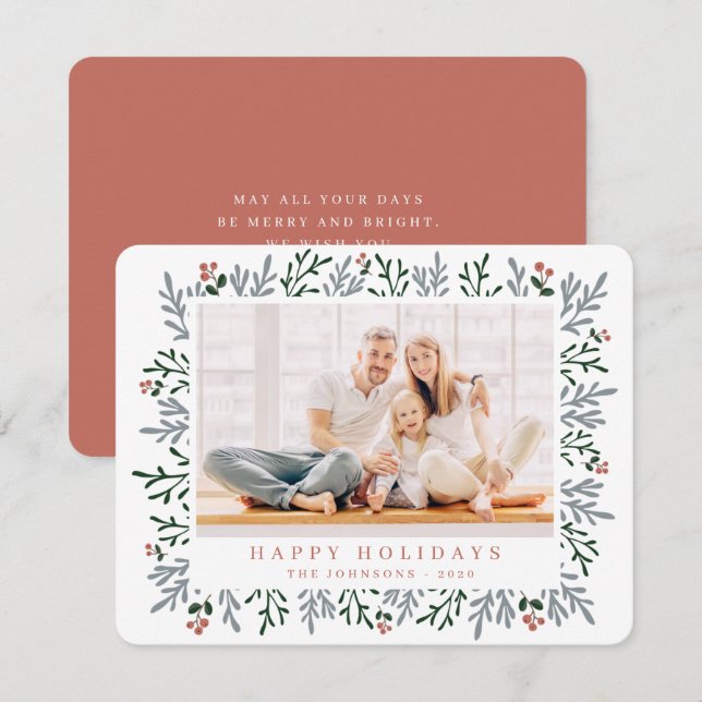 Modern Christmas Foliage and Berries Botanical Holiday Card (Front/Back)
