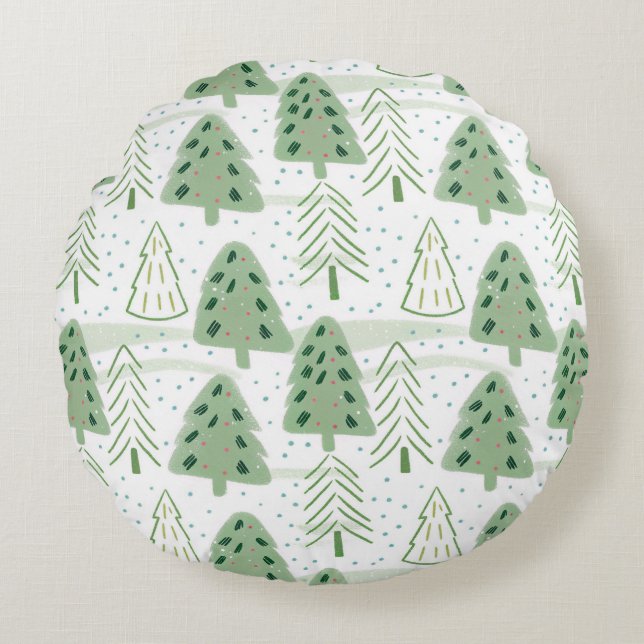 Modern Christmas Forest Olive green pattern Round Pillow (Front)