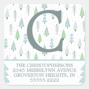 Modern Christmas Forest Trees Blue Return Address Square Sticker