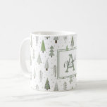Modern Christmas Forest Trees Sage Green Monogram Coffee Mug<br><div class="desc">Create a Christmas holiday season themed mug personalized with a monogram and optional name shown in a handwritten script featuring a pattern of modern, hand drawn abstract Christmas trees and forest trees in winter snow in shades of sage green. Delete the name if not desired. ASSISTANCE: For help with design...</div>