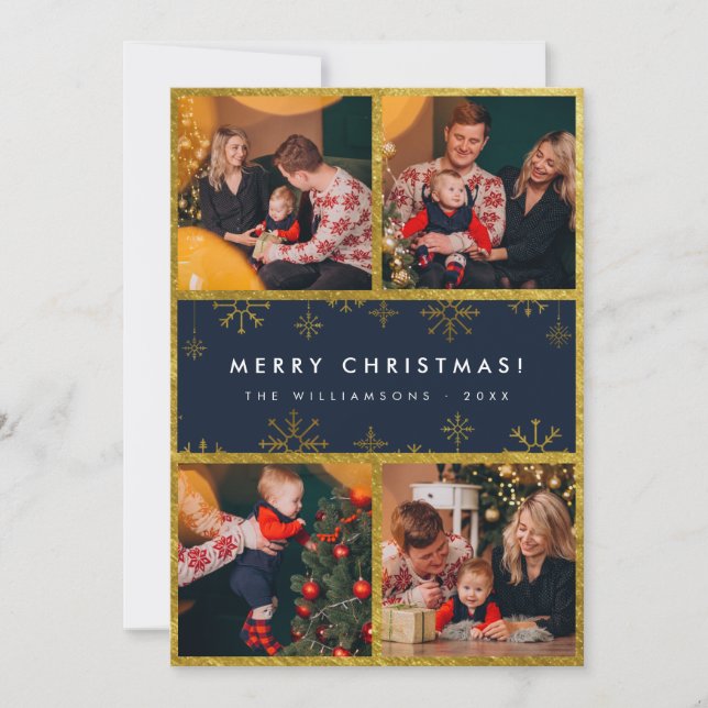 Modern Christmas Gallery Blue & Gold Family Photos Holiday Card (Front)
