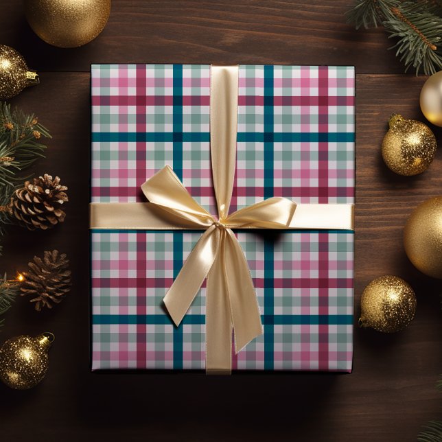 Modern Christmas Gingham Gift Wrap (Modern Gingham Christmas wrapping paper in pink magenta and teal blue great for winter holiday gift )