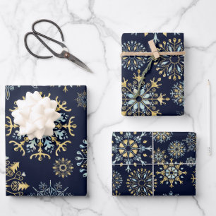 Modern Christmas Gold Blue watercolor Snowflake  W Wrapping Paper Sheet