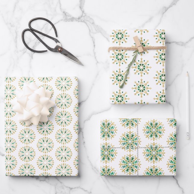 Modern Christmas Gold Green Snowflake Wrapping Pap Wrapping Paper Sheet (Front)