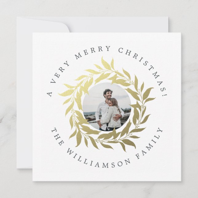 Modern Christmas Gold Wreath Photo Holiday Card (Front)