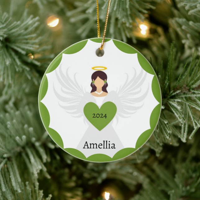 Modern Christmas Green Angel Heart Custom Name Ceramic Ornament (Tree)