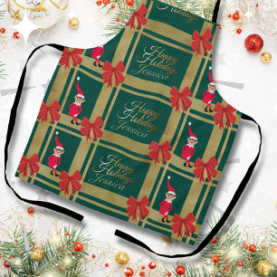 Modern Christmas Green Gold Tartan Personalize Apron