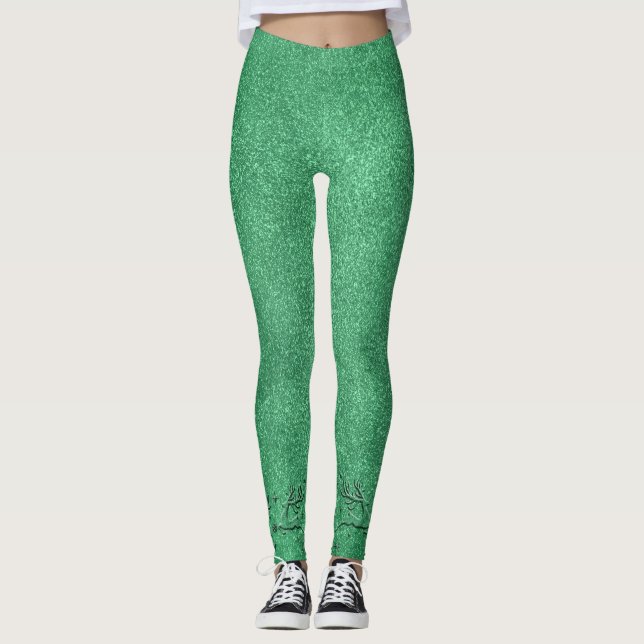 Modern Christmas Green Reindeer Ladies Leggings