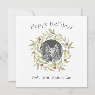 Modern Christmas Greenery Berries Wreath Photo Holiday Card
