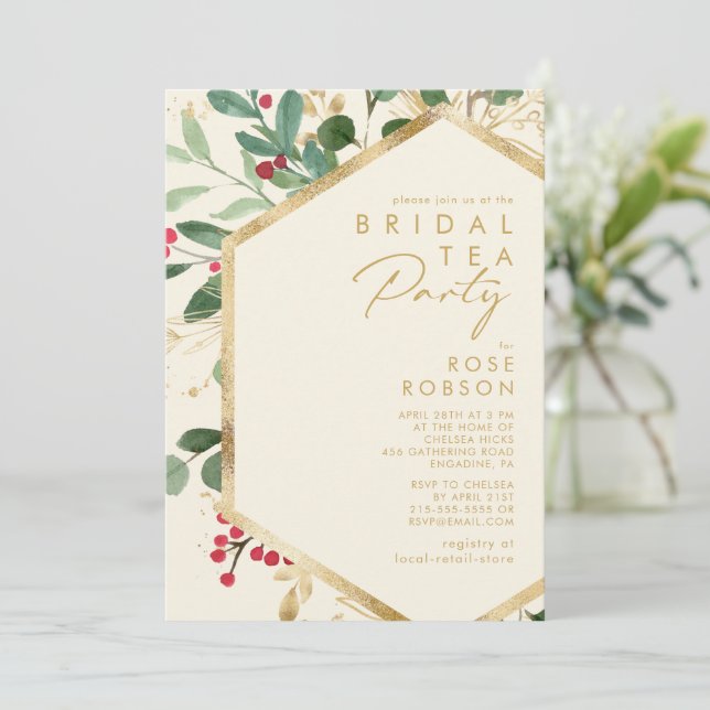 Modern Christmas Greenery | Cream Bridal Tea Party Invitation (Standing Front)