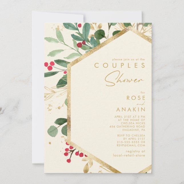 Modern Christmas Greenery | Cream Couples Shower Invitation (Front)
