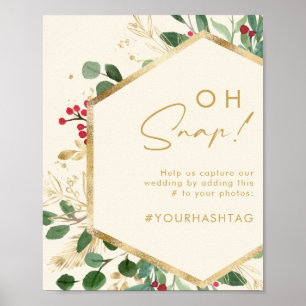 Modern Christmas Greenery Cream Oh Snap Hashtag Poster