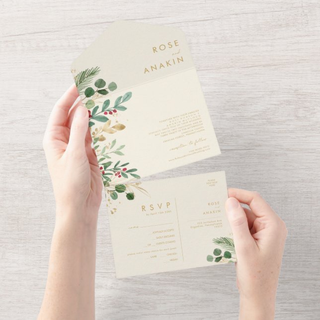 Modern Christmas Greenery | Cream Seal And Send All In One Invitation (Tearaway)