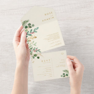 Modern Christmas Greenery   Cream Seal And Send All In One Invitation