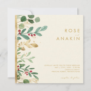 Modern Christmas Greenery   Cream Square Wedding Invitation