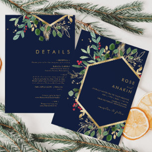 Modern Christmas Greenery Navy All In One Invitation
