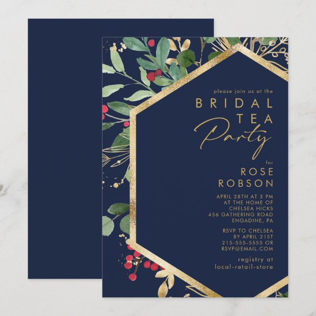 Modern Christmas Greenery | Navy Bridal Tea Party Invitation (Front/Back)