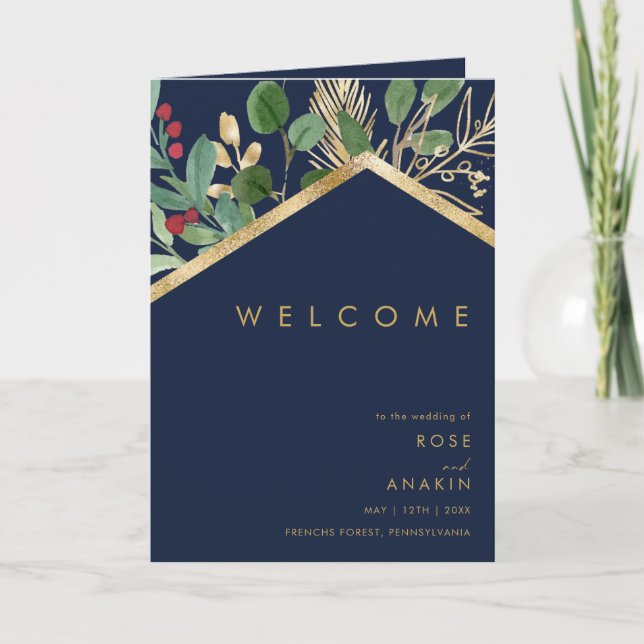 Modern Christmas Greenery | Navy Folded Wedding Program (Front)