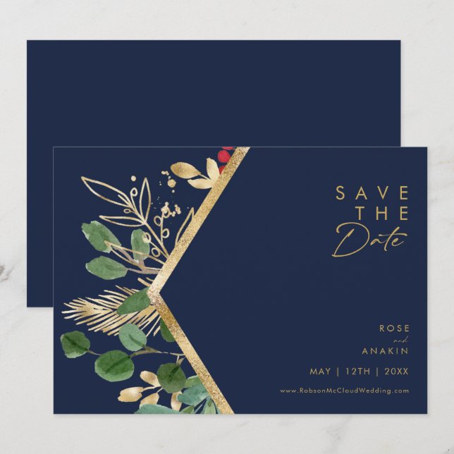 Modern Christmas Greenery | Navy Horizontal Save The Date (Front/Back)