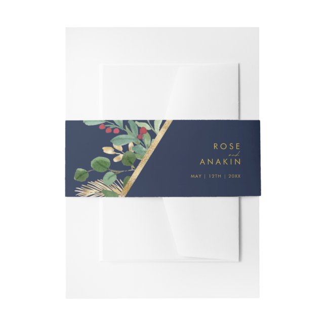 Modern Christmas Greenery | Navy Invitation Belly Band (Front Example)