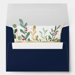 Modern Christmas Greenery Navy Invitation Envelope