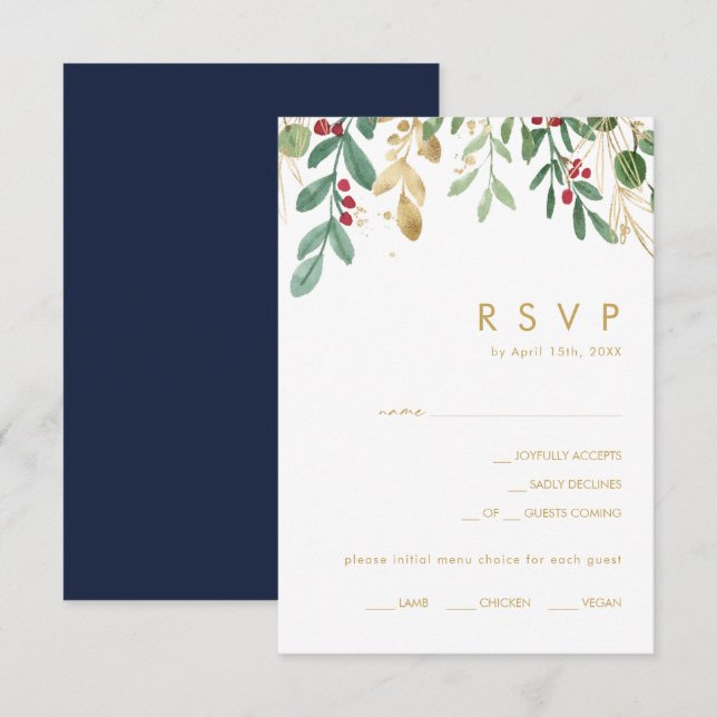 Modern Christmas Greenery | Navy Menu Choice RSVP (Front/Back)