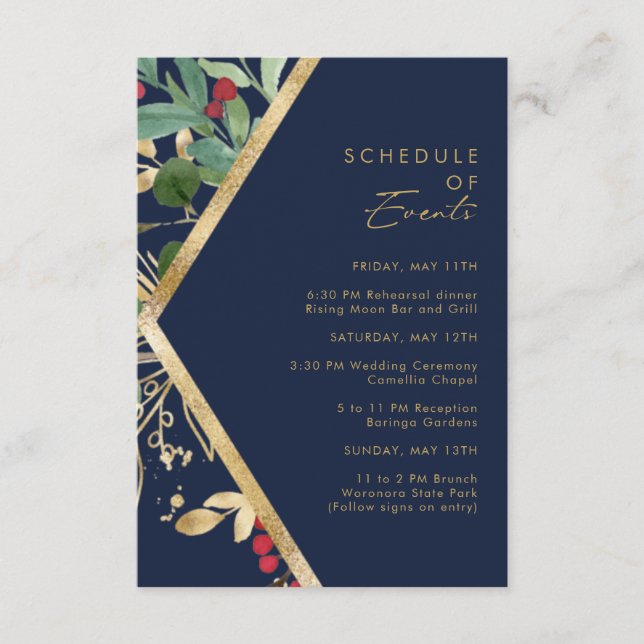 Modern Christmas Greenery Navy Schedule of Events Enclosure Card (Front)