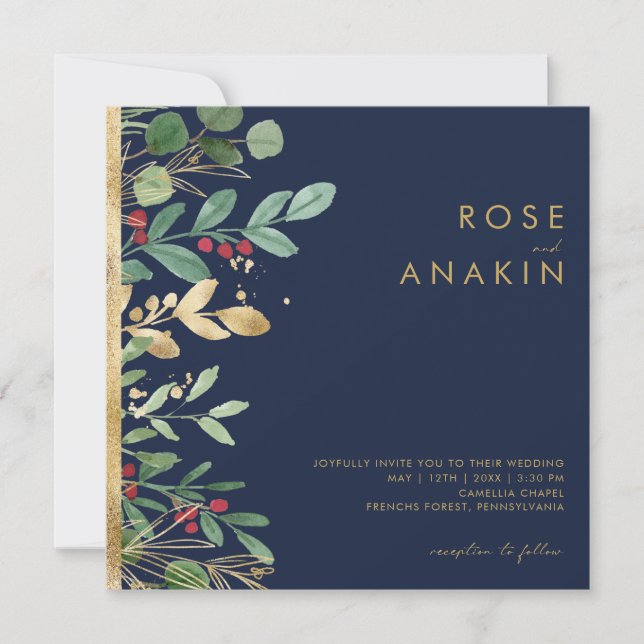 Modern Christmas Greenery | Navy Square Wedding Invitation (Front)