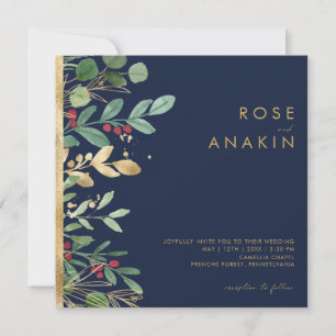 Modern Christmas Greenery Navy Square Wedding Invitation